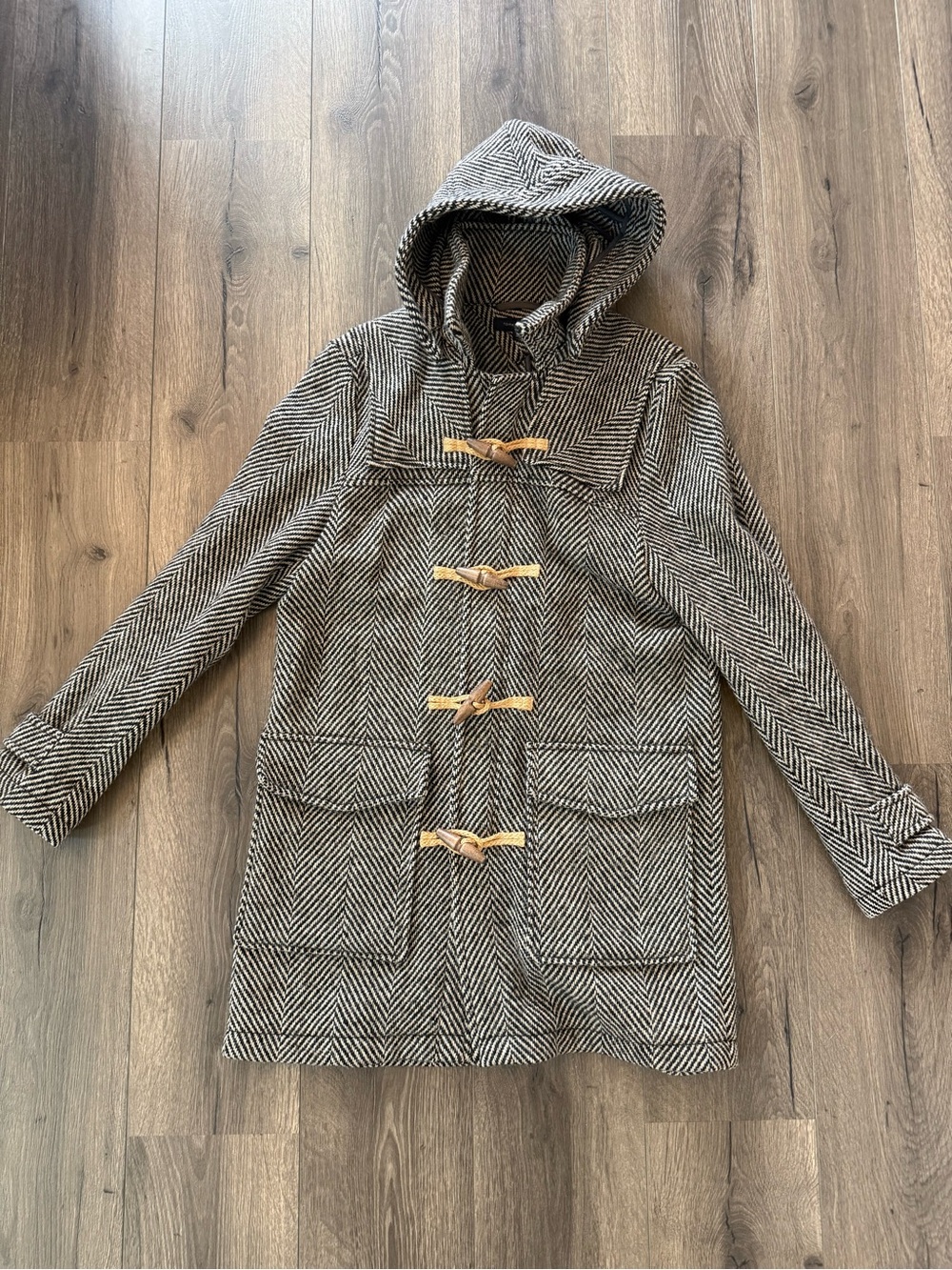 Tommy Hilfiger Herringbone Wool Duffle Coat Toggle Hooded Winter Jacket Size Med
